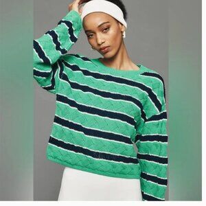 Anthropologie Maeve Stripe Eyelet Cable Knit Oversized Cropped Crewneck Pullover